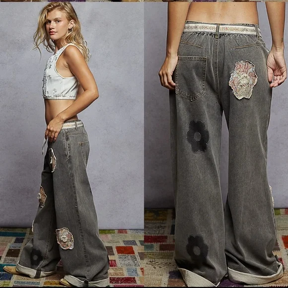 NEW POL Black Floral Patchwork Denim Jeans - Picture 2 of 7